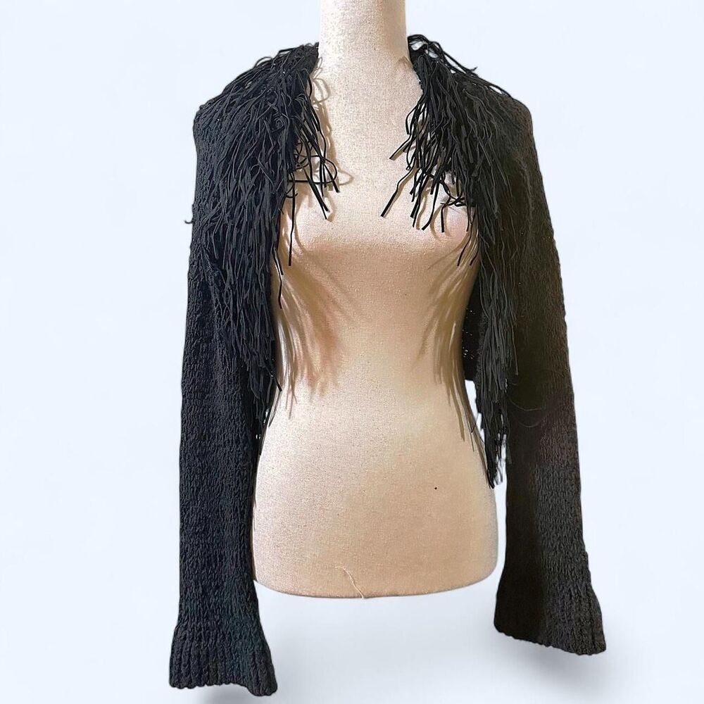 Y2K Nordstrom Emphasis Paris Black Leather Fringe Layering Sweater Cropped Cardi